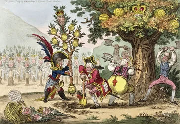 The New Dynasty, or The Little Corsican Gardener Planting a Royal Pippin Tree, Published by Hannah Humphrey in 1807